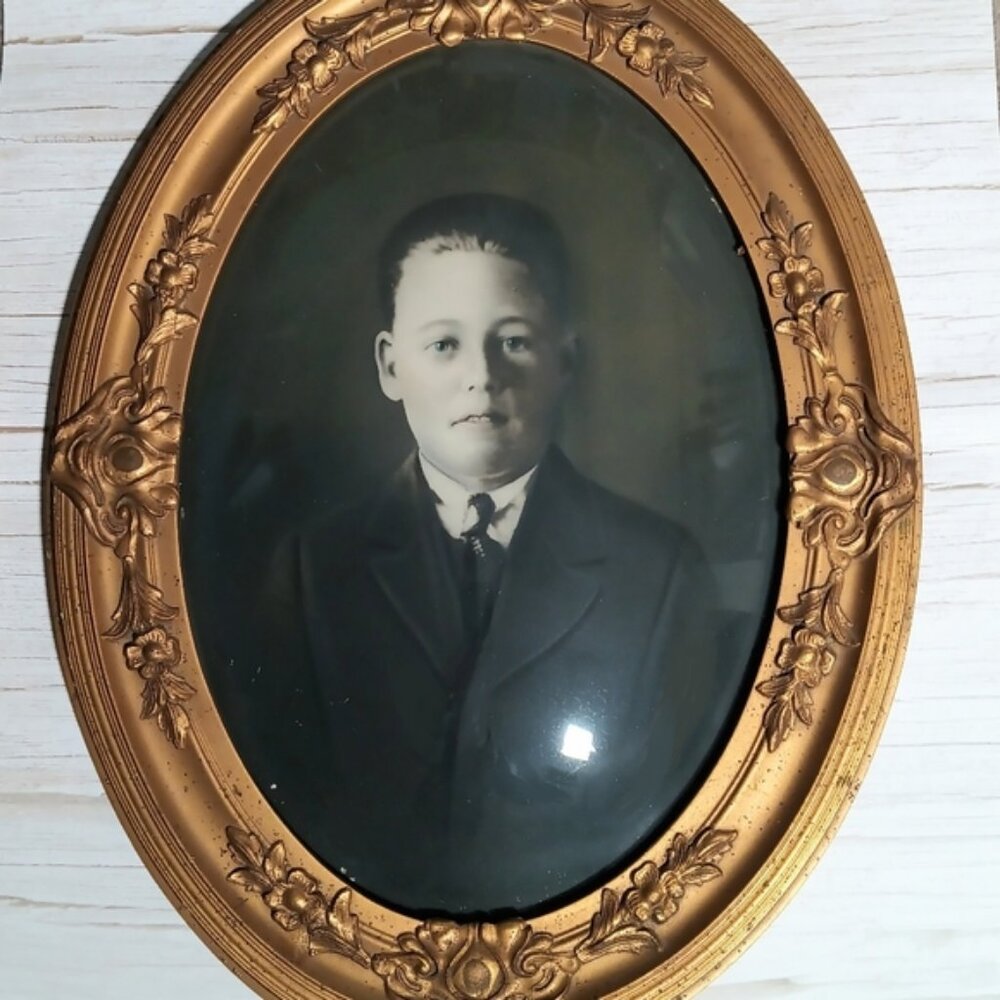 Vintage 1900’s Antique Gold Gilded Oval Convex Bubble Glass Frame with Young Boy